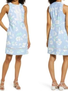 ELIZA J Blue Floral Textured Embroidered Shift Dress Wedding Spring Preppy Sz 12